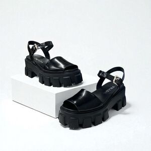 Prada Monolith Sandals Shoes Leather Black Logo Platform Strap